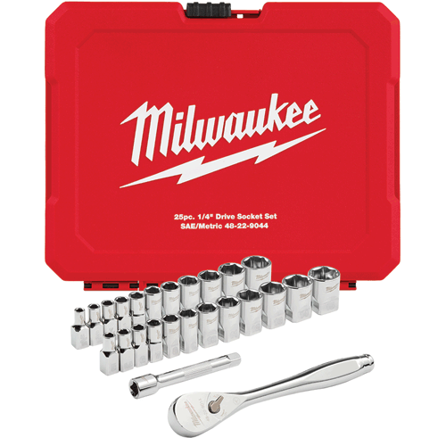 25 Pc. 1/4" Drive Metric & SAE Ratchet & Socket Set with FOUR FLAT TM SIDES